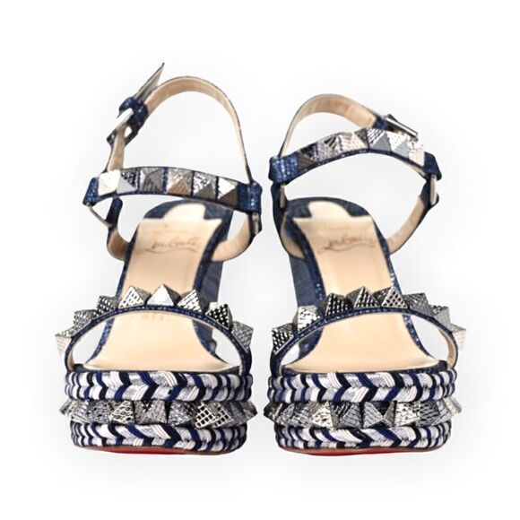 CHRISTIAN LOUBOUTIN Denim Lame Lux Pyraclou 110 Wedge Sandals |Size: 39| - Picture 9 of 13